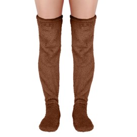 Over Knee High Fuzzy Socks, Thigh Snuggs Cozy Socks Winter Leg Warmers Plush Long Slipper Sleeping Stockings for Home (Brown)