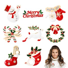 ZOOMPIL Christmas Brooch Pin, 8pcs Rhinestone Christmas Brooch Pin, Xmas Ornaments Snowman, Santa, Christmas Tree, Bell, Reindeer, Stocking, for Clothing Christmas Decoration Gifts