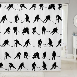 Feelyou Ice Hockey Print Fabric Shower Curtain for Kids Boys Girls Hockey Player Bathroom Waterproof Accessories with 12 Hooks Black White Shower Curtain Bedroom Decor Ball Game Curtains