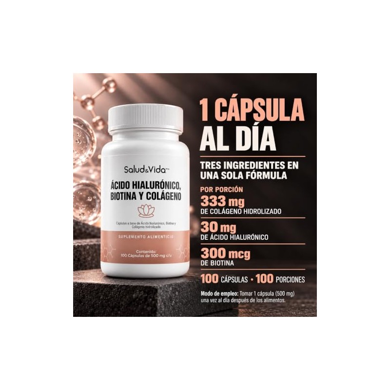 Colágeno Hidrolizado, Ácido Hialurónico y Biotina | 100 Cápsulas de