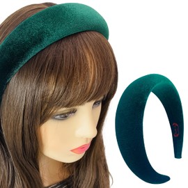 Firecolor Chic Wide Padded Headband Alice Velvet Headbands Puffy Sponge Thick Hairbands Vintage Hair bands for Women girls Trendy and Cute solid color headbands (Forest green)