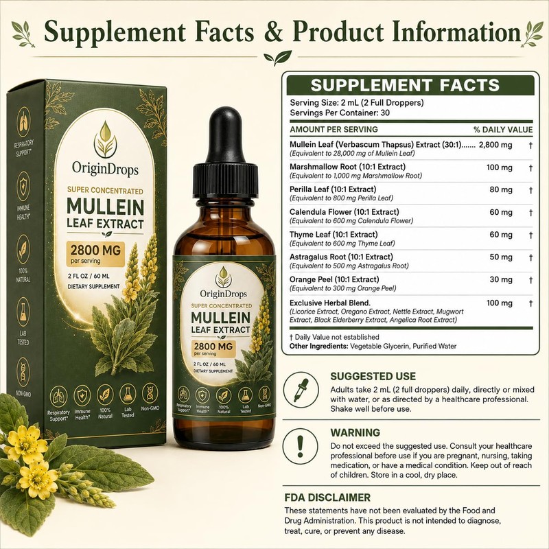 Origin Drops Mullein, Mullein Drops for Lungs, 2 Fl Oz,
