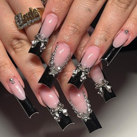 Jremg Black French Tip Press on Nails Long Square Coffin Fake Nails with 3D Bow Charms Designs Glossy Silver Star Rhinestones Glue on Nails Y2K Nude Pink Full Cover False Nails for Women Girls 24Pcs