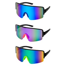 FLAWLESS EYEWEAR Oversized Mirrored Sunglasses Retro Reflective Non-Polarized 80s 90s Vintage Visor Sunglasses Womens Mens Shield Sunglasses (3 PACK: Blue/Purple/Green)