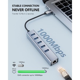 USB to Ethernet Adapter 6 in 1, Mini Aluminium USB C Hub 5Gbps Data Hub with RJ45 1000M Network Adapter + 5 USB 3.0 Ports for MacBook Pro, USB Flash Drives