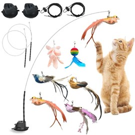 12PCS Juguetes Gato, Juguete Interactivo para Gato Seguros y Duraderos, 2 Palos de Diversión para Gatos, 6 Juguetes con Cascabeles, 2 Ventosas Extraíb