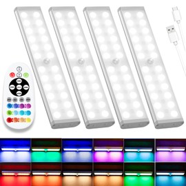 Haigvel Under Cabinet Lights Wireless, 58-LED Rechargeable Motion Sensor Closet Lights with Remote Control, RGB Color Changing Under Counter Lights for Kitchen, Pantry, Bedroom, Stairs, 4 Pack
