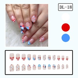 Independence Day Press on Nails 4th of July Fake Nails Red Blue French Tip Glue on Nails Short Almond False Nails with Patriotic Star Design Full Cover Nude Pink Acrylic Nails for Women Nails Supplies