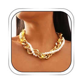 Bafuny Chunky Gold Choker Pearl Layered Necklace Thick Collar Necklace Cuban Link Chain for Women