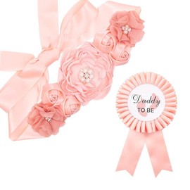 xuzhiyuan Blue Mommy to Be & Daddy to Be Ribbons Flower Belly Belt Set - Ideal for Baby Shower Celebrations-E