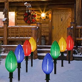Christmas Lights Jumbo C9 Outdoor Lawn Decorations with Pathway Marker Stakes, 2 Pack 7 Feet String Lights with Transparent Multicolored Light Bulb for Holiday Outside Yard Garden Decor, 8 Lights