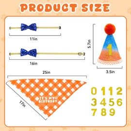 YAOWKY Dog Birthday Party Decorations, Birthday Hat Bandana Bow Tie Set Blue Orange with Numbers Boy Girl Pet Scarf Collar for Large Dog Birthday Supplies