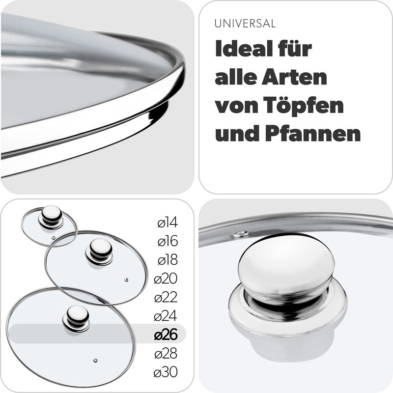 Kadax Glass Lid with Steel Handle, Heat-Resistant Lid for Pot,