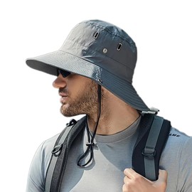 Men's Beach-Sun-Hat UPF50+ Wide-Brim Sun-Protection Mesh-Fishing Hat Outdoor Foldable-Bucket Safari Hat Boonie Cap Dark Grey