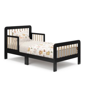Storkcraft Pasadena Toddler Bed (Black with Driftwood) - GREENGUARD Gold Certified, Fits Standard Full-Size Crib & Toddler Mattress, Toddler Safety Guardrails Included, Complete Design with Footboard