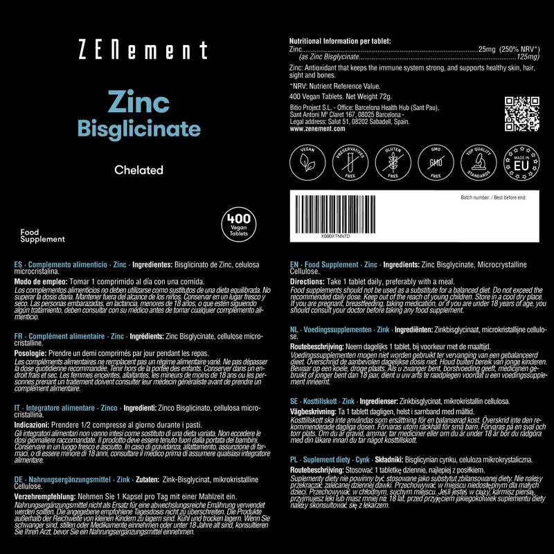 Zinc, 25mg (Bisglycinate), 400 Tablets | Chelated | Antioxidant, Supports