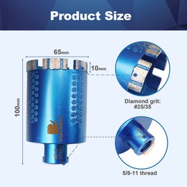 Diamond Core Drill Bit,BRSCHNITT 2-1/2 Inch Laser Welded Diamond Hole Saw with 5/8-11 Thread for Granite Marble Solid Block Stone Reinforced Concrete,Dry or Wet Drilling (65mm)