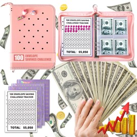 Yoment 100 Envelopes Money Saving Challenge Binder, Budget Binder with Zipper Envelopes, B5 PP Savings Book Challenge-Easy & Fun Way to Save $5,050, Cash Saving Budget System Wallet with1 Pendant