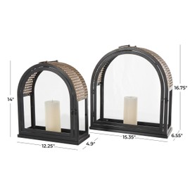 Deco 79 Metal Arched Candle Lantern with Cane Inspired Gold Tops, Set of 2 17", 14" H, Black
