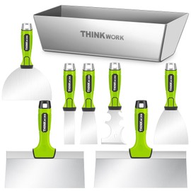 THINKWORK Drywall Tools - 8Pcs Stainless Steel Drywall Knife Set with Putty Knife, Taping Knives, Painter Scraper & 10" Mud Pan, Spackle Tool Set for Joint Taping, Finishing & Patching