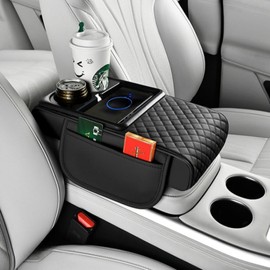 TNDCKP Induction Charging Car Armrest Pad, Leather Center Console Cushion, Dual Cup Holders, Storage Bags
