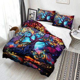 AILONEN Tree of Life Duvet Cover Set King Size, Colorful Butterfly Bedding Set for Kids Girls Boys,Bohemian Style Comforter Cover,3 Pieces, 1 Quilt Cover and 2 Pillowcases