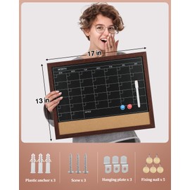MaxGear Magnetic Chalkboard Calendar Corkboard Monthly Calendar Corkboard for Wall, 17" x 13" Wood Frame Blackboard Planner Cork Combo Board, Includes Liquid Chalk and Magnet