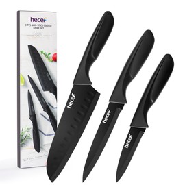 hecef Black Kitchen Knife Set of 3, Sharp Knives with Stainless Steel Blade & Lightweight Handle, Non-stick Black Coating Chef Knife Set includes 7" Santoku Knife, 5"Utility Knife and 3.5"Paring Knife