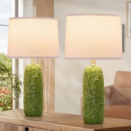 EUO 25” Green Lamps Set of 2 with Leaves Design for Living Room, Bedroom, Retro Ceramic Table Lamps for Nightstand Set of 2