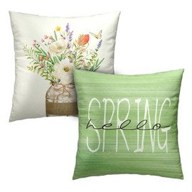 Kwlegh Hello Spring Pillow Covers 18x18 Set of 2 Vase Spring Flower Farmhouse Decorative Pillows Covers Butterfly Spring Summer Home Decor Cotton Blend for Couch Bed Living Room