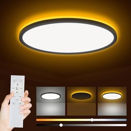 Bowfar Bowfar LED Deckenleuchte, 24W 2800LM Deckenlampe mit Fernbedienung Dimmbar 3000K-6500K, 1800K Nachtlicht Amber, Rund Badezimmer Lampe fr Wohnzimmer Kinderzimmer Schlafzimmer ?29.5x2.5cm, Schwarz