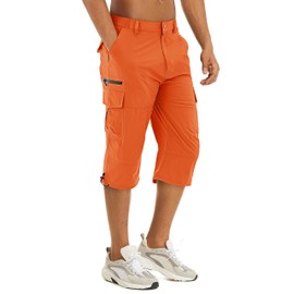 TACVASEN Men's Hiking Shorts Quick Dry 3/4 Capri Pants Multi Pockets Cargo Shorts Orange, 40