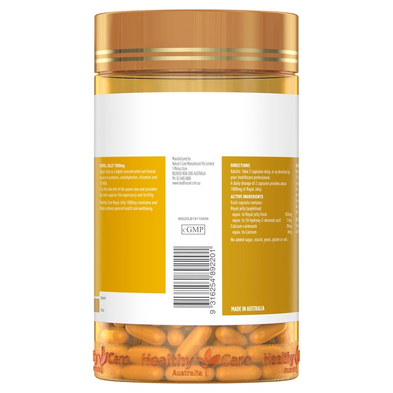 Healthy Care Royal Jelly 1000 365 Capsules Supplements Made in