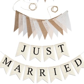 Just Married Banner Burlap Vintage,Rustic Just Married Banner Cream White with Black Letters/Tan Cream Burlap Triangle Banners, Pre-Assembled Engagement Wedding Car Decoration, Wedding Bunting Bridal Shower Decoration