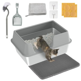Papettly Stainless Steel Litter Box - Cat Metal Litter Box with Splash-Proof Lid, Easy Cleaning & Odor-Less Stainless Steel Cat Litter Box with Double Layer Litter Mat, Litter Scoop, Brush, 20” x14”