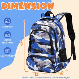 BLUEFAIRY Kids Backpack for Boys Elementary Book Bags Primary Middle School Bookbags for Childs Water Resistant Back to School Gifts Son Mochila Escolares para Niños Aged 8-10 17 Inch Camo Blue