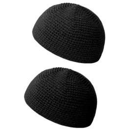 WHIPPY Men's Seamless Cotton Islamic Watch Cap, Hat, Watch Cap, Beanie, Stretchable, One Size Fits Most, Men's Knit Hat, 05 Black - Set of 2