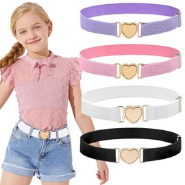 EDLMKM 4 Pack Girls Elastic Beltss, Kids Belt Adjustable Stretch Belts with Heart Buckle for Boys Girlss, Girls Belt for Kids Toddler, GGirls Belts Age 7 to 10, Childrens Beltss, Pink Beltt