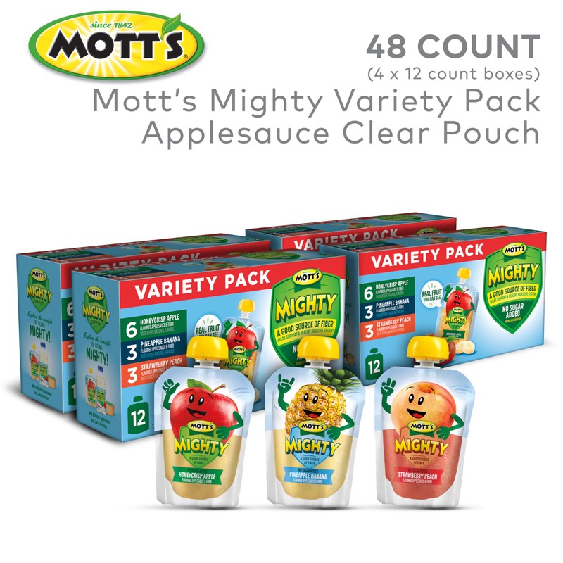 Mott's Mighty Applesauce Variety Pack, 3.2 oz Clear Pouches, 48