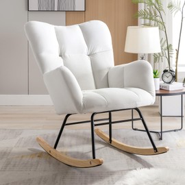 Lyon Sence Nursery Rocking Chair Velvet/Teddy Upholstered Glider Rocker Rocking Accent Chair Padded Seat with High Backrest Armchair Comfy Side Chair for Living Room Bedroom (White Velvet)