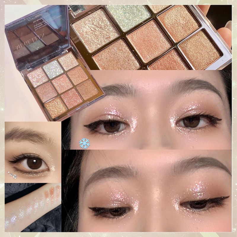 9 colours glitter eyeshadow palette, gold white pink palette, natural,
