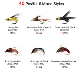 Qitewwrme Fly Fishing Flies Kit, 24-100Pcs Handmade Fly Fishing Artificial Fly Baits Lures with Dry/Wet Flies, Streamers, Fly Assortment Trout Bass Fishing with Fly Box (40Pcs/Kit(6 Mixed Styles))