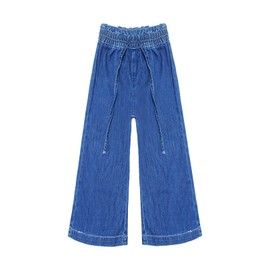 KIDSCOOL SPACE Girls Thin Denim Pants, Wide-Leg Ribbed Elastic Waistband Jeans,Light Blue, 6 Years