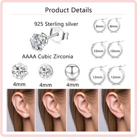 Silver Hoops Earrings for Women 925 Sterling Silver Hoop Earrings with Silver Stud Earrings Set with Cubic Zirconia Unisex Sleeper Huggie Small Hoop Earrings for Men Women(4mm*3+1 * 8/10/12mm) PABBEU