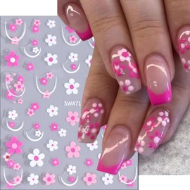 5PCS Flower Nail Art Stickers 3D Self-Adhesive Nail Supplies Spring Summer Floral Leaf Nail Stickers White Petals Flower Floral Daisy Nail Decals Red Pink Coil French Nail Decor for Women Manicure DIY
