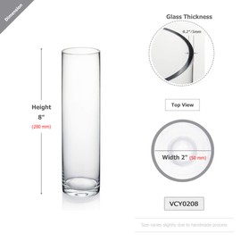 WGV Cylinder Bud Vase Bulk, Width 2", Height 8", Clear Skinny Narrow Standard Hurricane Floral Container Centerpiece for Wedding Party Event Home Office Decor, 6 Pieces