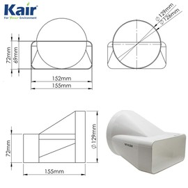 Kair Ducting Adaptor 150mm x 70mm to 125mm - 5 inch Rectangular to Round Straight Channel Connector for Converting to Different Size Duct Systems