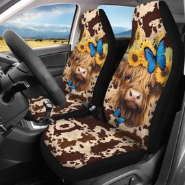 Allcute Cute Sunflower Highland Cow Car Front & Rear Seat Covers Full Set for SUV Trucks Van Sedan Easy to Install Automotive Backrest Bench Seat Cover Brown Durable Novelty Car Accessories