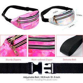 JunD 2 Pack Holographic Waist Bag, Fashion Waist Packs, Waterproof Fanny Pack Festival Accessories, 80s 90s Accessories Bumbags for Ladies for Festival Rave, Travel, Running, Hiking (Pink + Black)