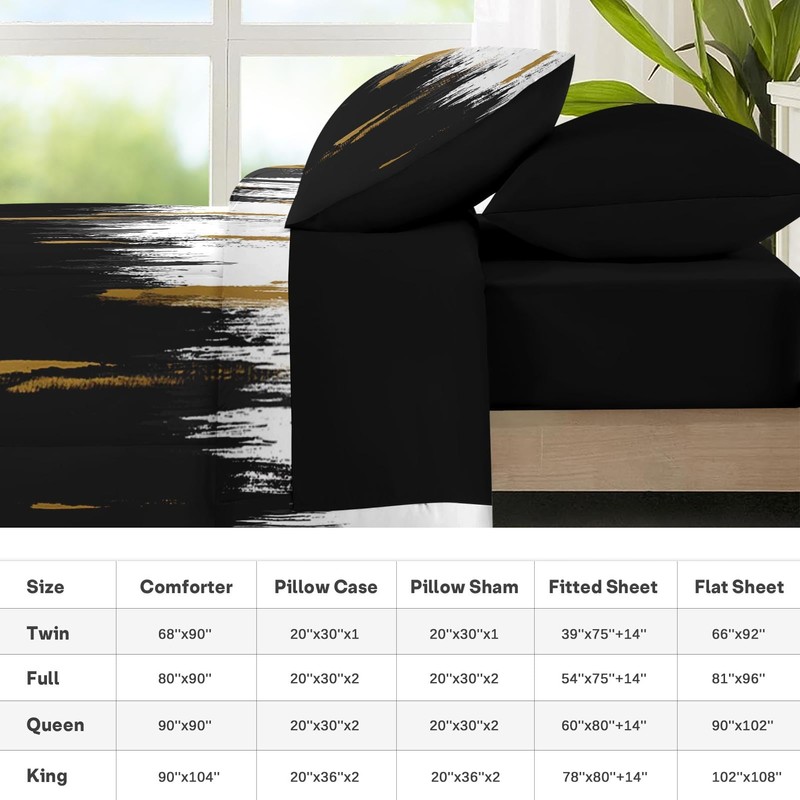 Nesker Comforter Set Queen Size, Black Gold White 7 Pcs